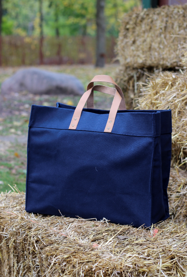 Minimalist Canvas Box Tote with Leather Handles, Large