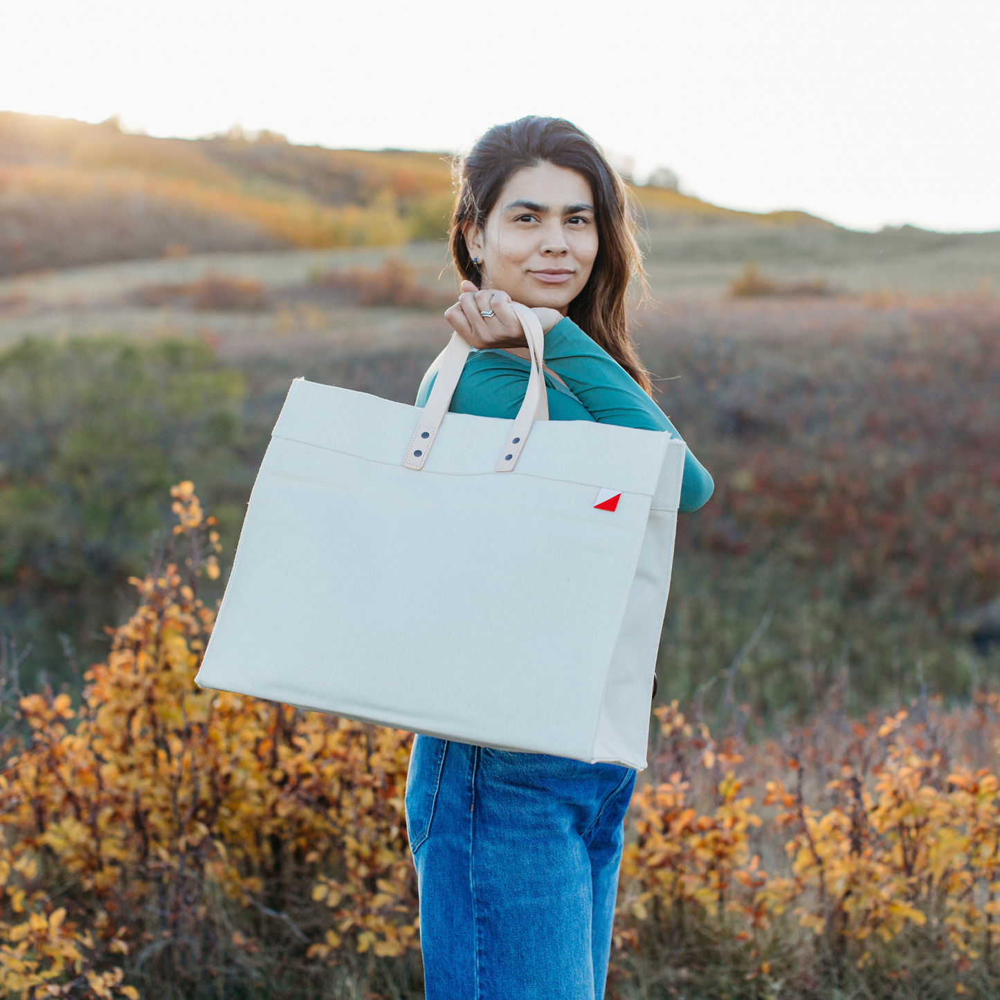Minimalist Canvas Box Tote with Leather Handles, Large